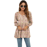Long Puff Sleeve Tops Women Flowers Print Casual V - Neck Blouse T-Shirts Babydoll Tops - MANDOTOS INTERNATIONAL0