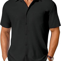 Men's black short-sleeve button-up wrinkle- and crease-resistant shirt by Ancient Energy