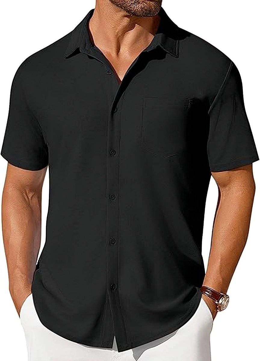 Men's black short-sleeve button-up wrinkle- and crease-resistant shirt by Ancient Energy