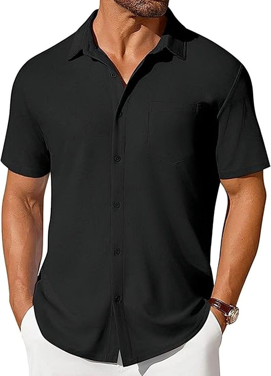 Men's black short-sleeve button-up wrinkle- and crease-resistant shirt by Ancient Energy