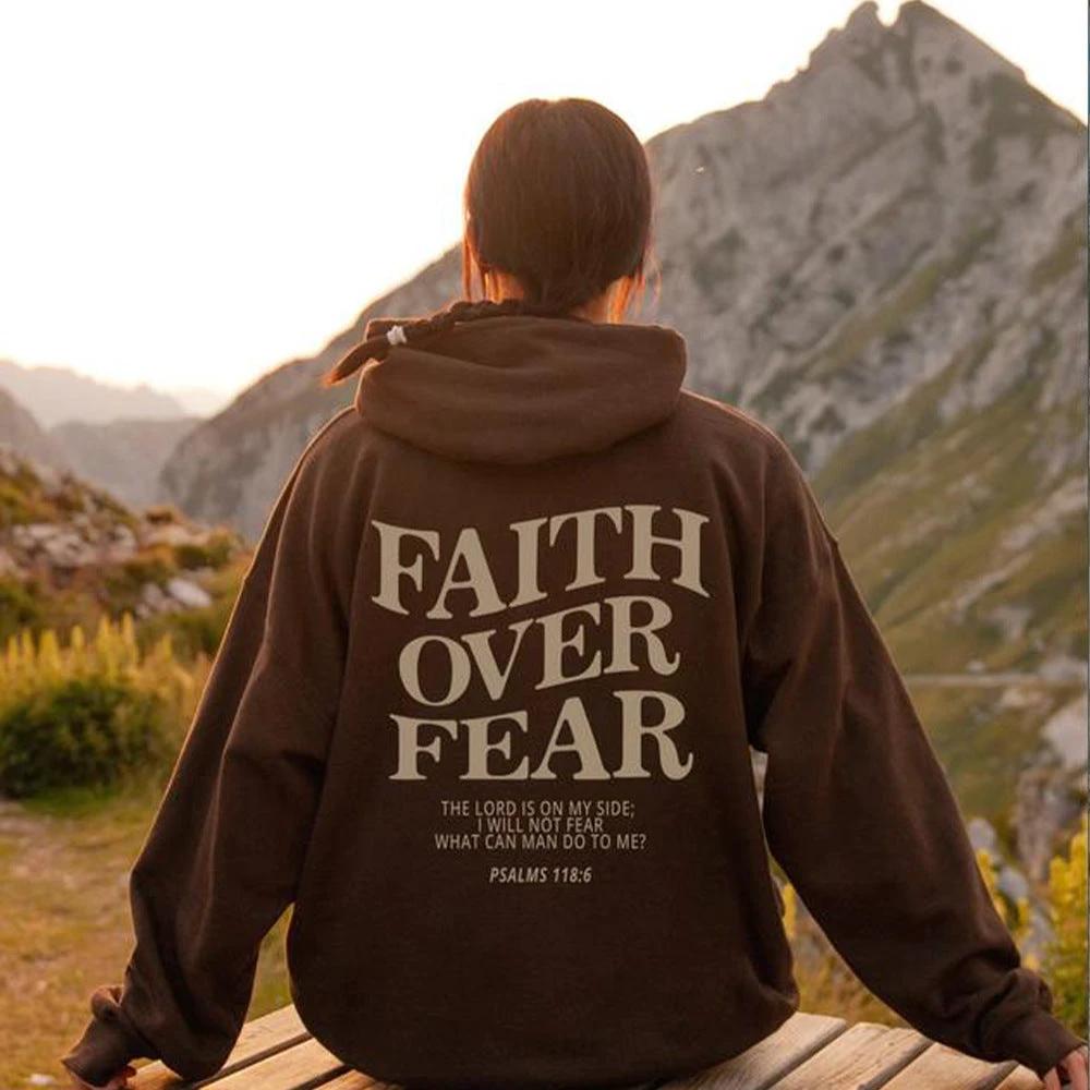 Mandotos Faith Over Fear Christian Hoodie Unisex Brown Bible Verse Psalms 118 Verse 6 - MANDOTOS