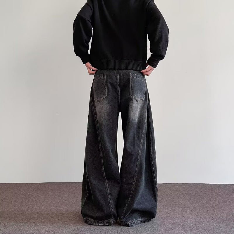 Mens wide-leg denim pants by Ancient Energy, dark wash, relaxed fit