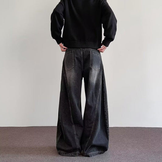 Mens wide-leg denim pants by Ancient Energy, dark wash, relaxed fit