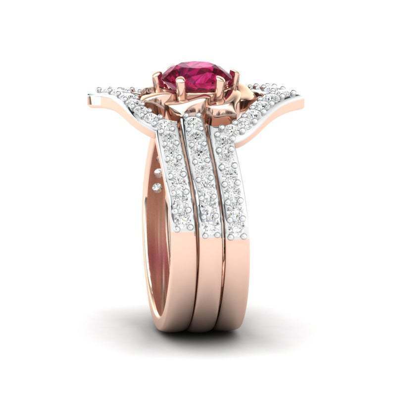 Exquisite Rose Gold Flower Ring Anniversary Proposal Jewelry Women Engagement Wedding Band Ring Set - MANDOTOS