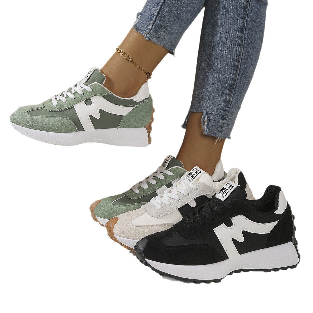 Ancient Energy womens chunky-soled lace-up sneakers, casual shoes, set of 3 colorways (green, beige, black)