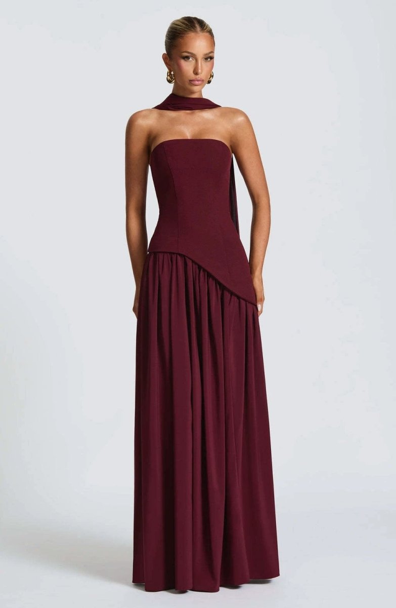 Cherry Lacquer Maliyah Maxi Dress with Chiffon Skirt & Scarf - MANDOTOS