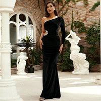 Long Sleeve Diagonal Collar Sexy Cutout Banquet Sheath Velvet Evening Dress MANDOTOS