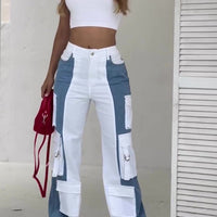 Contrast Pocket Cargo Jeans, blue and white color-block with multiple cargo pockets