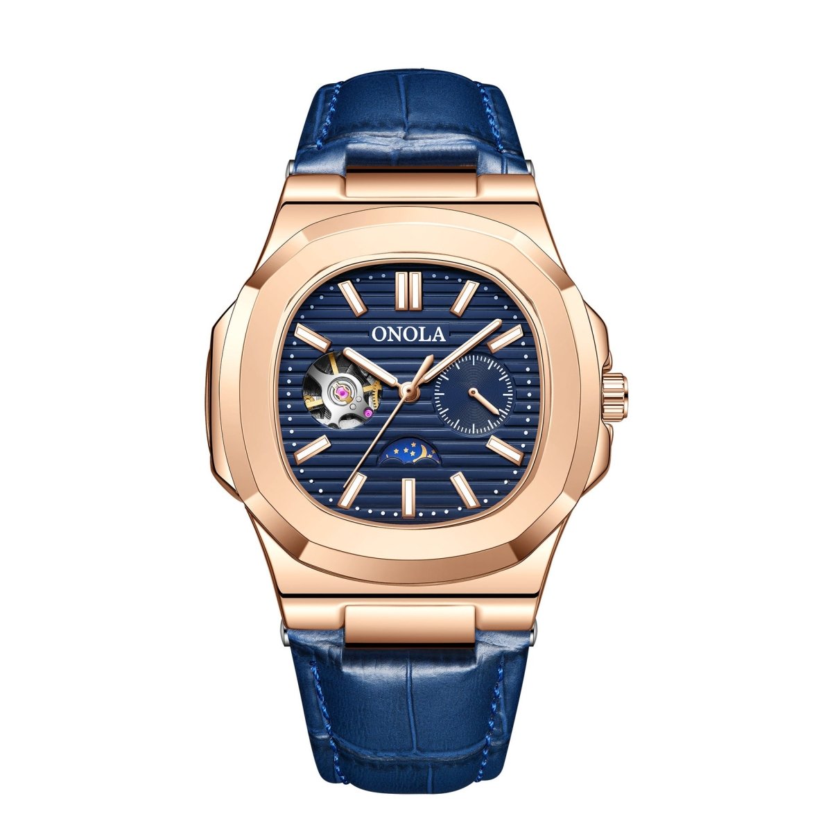 ONOLA mechanical watch with rose-gold case, blue dial featuring sun moon stars, blue leather strap