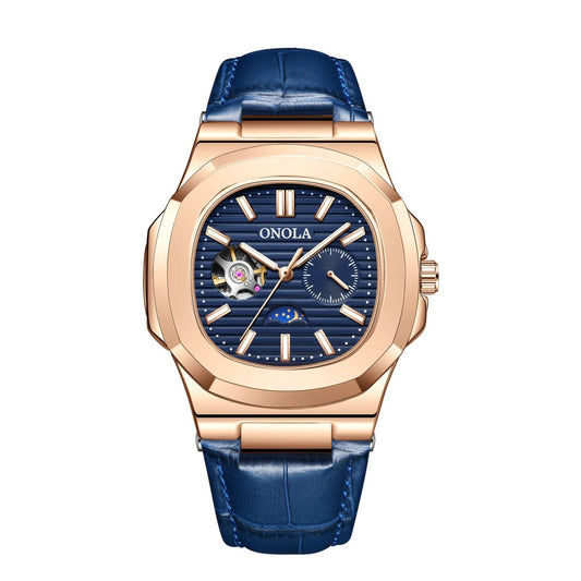 ONOLA mechanical watch with rose-gold case, blue dial featuring sun moon stars, blue leather strap