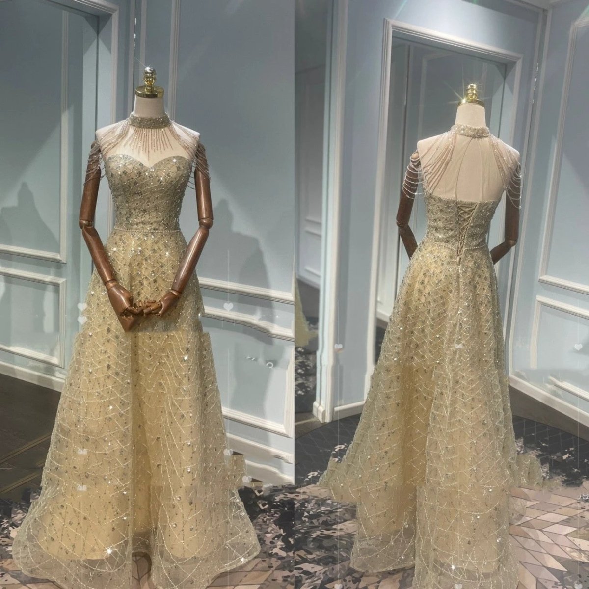 Golden Neck Hanging Light Luxury Toast Evening Dress MANDOTOS