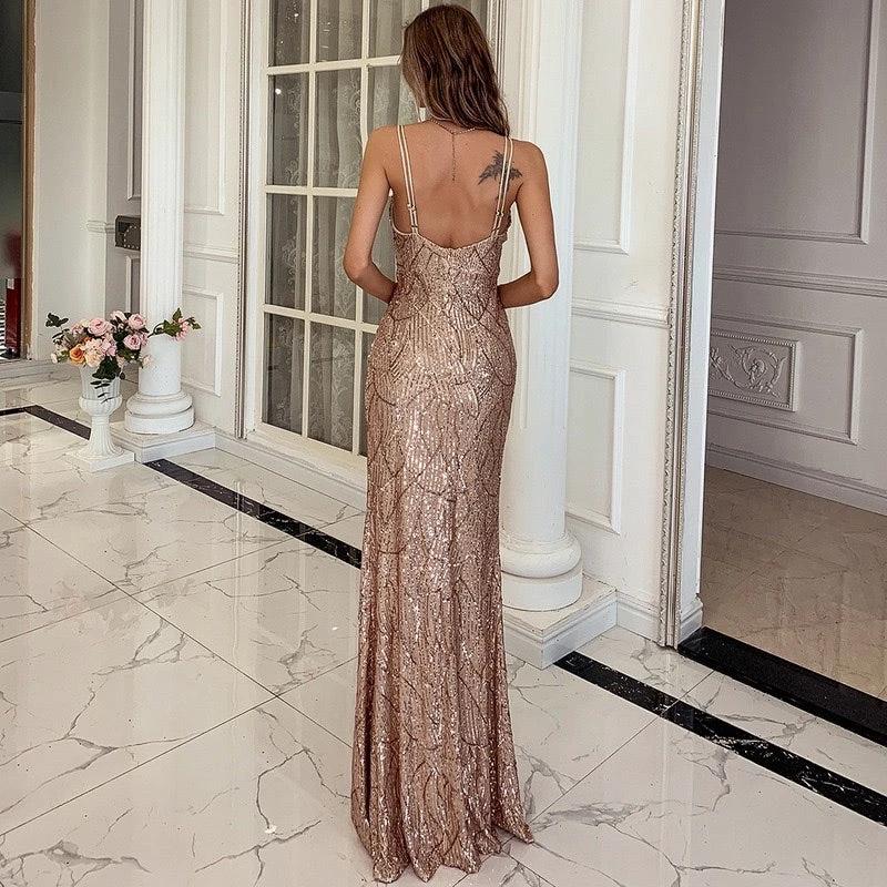 Women V Neck Dress Sequin Spaghetti Strap Maxi Party Dress MANDOTOS