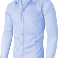 Men's slim-fit solid-color work shirt, light blue, long-sleeve button-down.