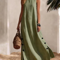 Cotton Linen Sleeveless Midi Dress – Side Slits & Loose Fit