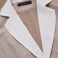 Professional Contrasting-Color Button Elegant Formal Blazer with beige body and white lapels, HOMEYEE label.