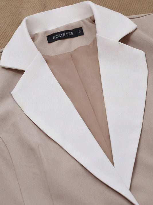 Professional Contrasting-Color Button Elegant Formal Blazer with beige body and white lapels, HOMEYEE label.