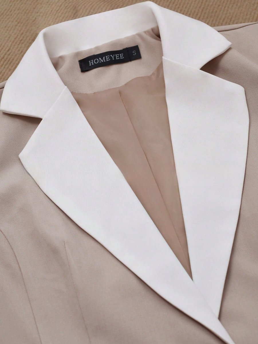 Professional Contrasting-Color Button Elegant Formal Blazer with beige body and white lapels, HOMEYEE label.