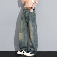 Versatile High-Street Men's Straight-Leg Denim Jeans, blue denim with faded patches.