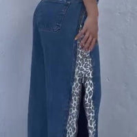 Leopard Print Zip-up Jeans by Ancient Energy; blue denim with leopard-pattern side panels.
