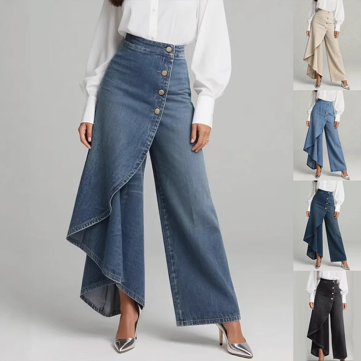 Unique Straight - leg Pants Fashion Large Ruffled Buttons Trousers Women's Faux Jeans Clothing - MANDOTOS INTERNATIONAL0