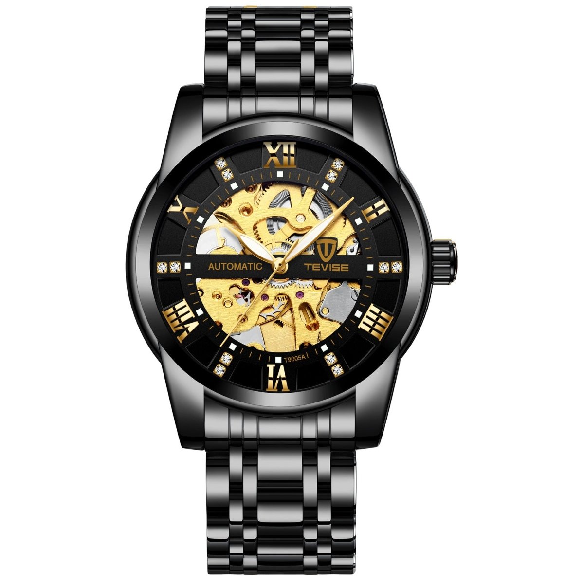 Mechanical watch with hollowed-out steel bracelet, black and gold skeleton dial with visible gears, TEVISE.