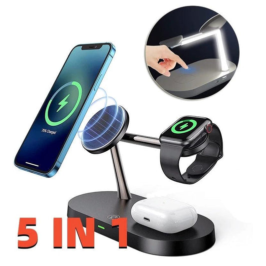 Multifunctional Five-In-One Magnetic Wireless Charging Watch Headset Desktop Mobile Phone Holder Charger 15W Fast Charge MANDOTOS
