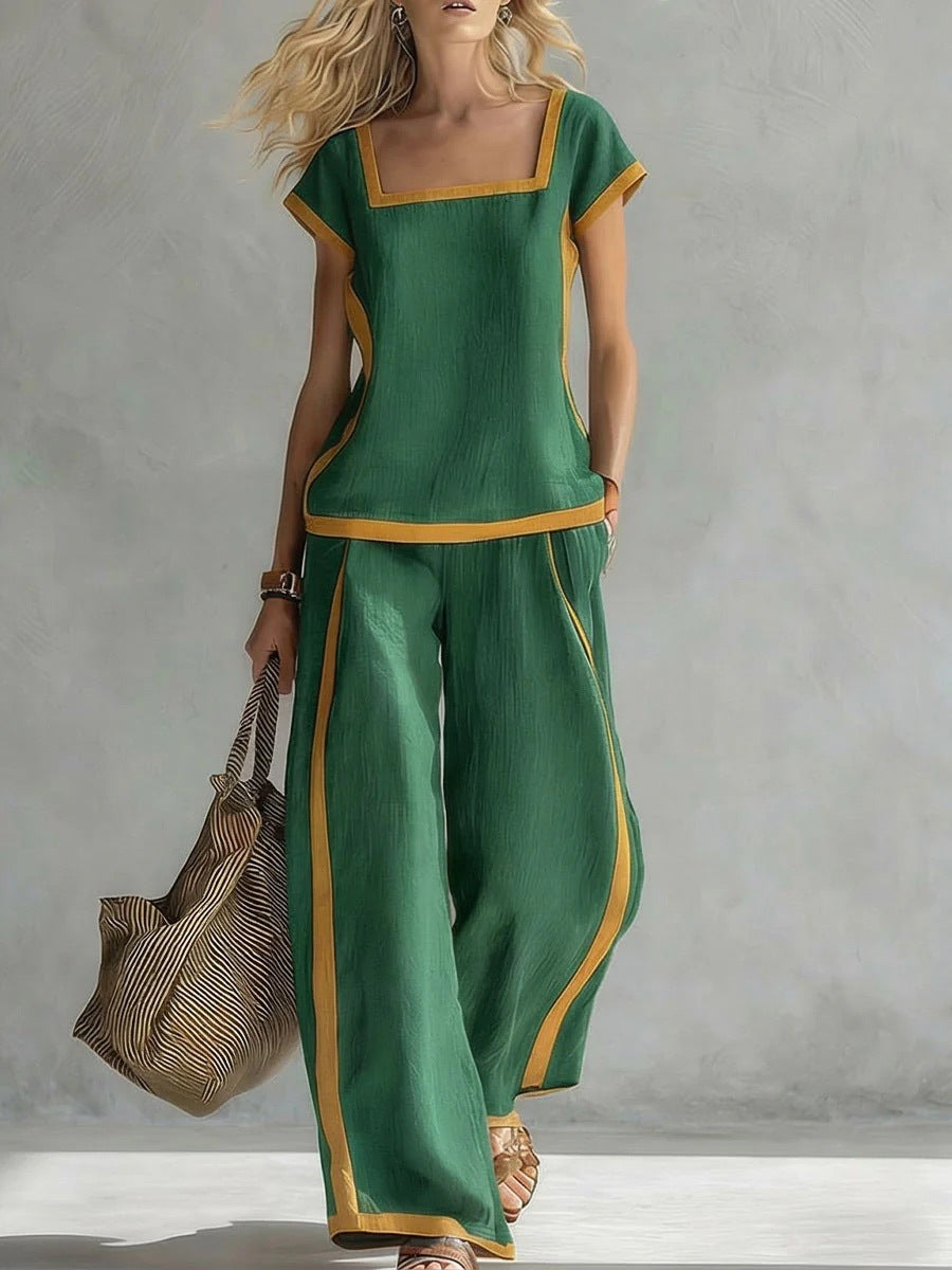Square-Neck Three-Quarter Sleeve Loose Top & Pants Two-Piece Set - MANDOTOS INTERNATIONALTwo-Piece Set