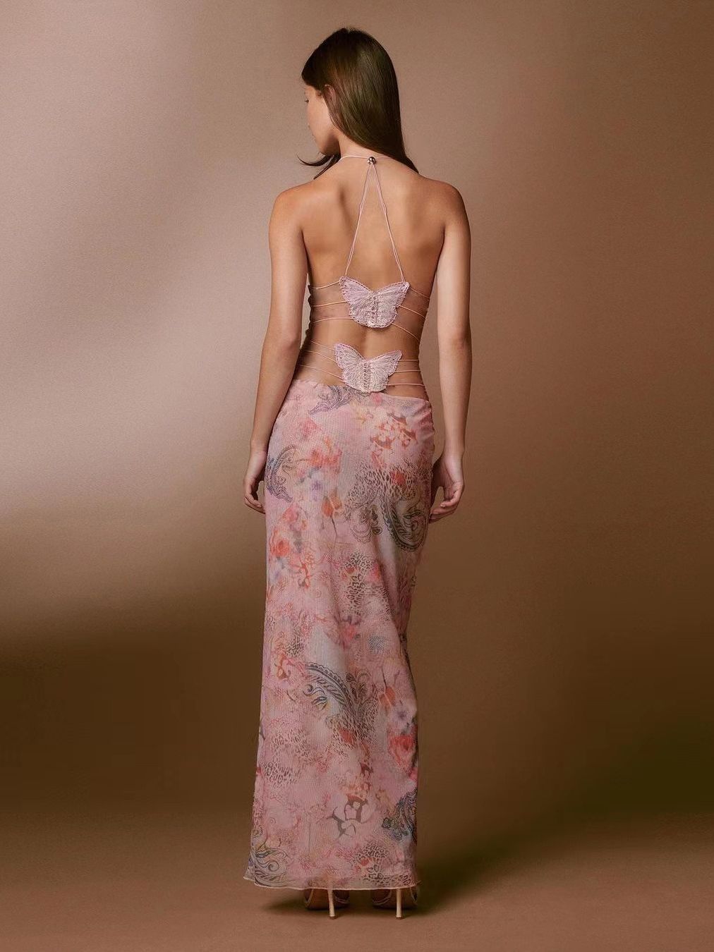 Floral Print Halter Spaghetti Straps Dress Sexy Slim Butterfly Back Dressess Spring Summer Womens Clothing - MANDOTOS