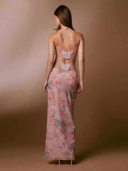 Floral Print Halter Spaghetti Straps Dress Sexy Slim Butterfly Back Dressess Spring Summer Womens Clothing - MANDOTOS