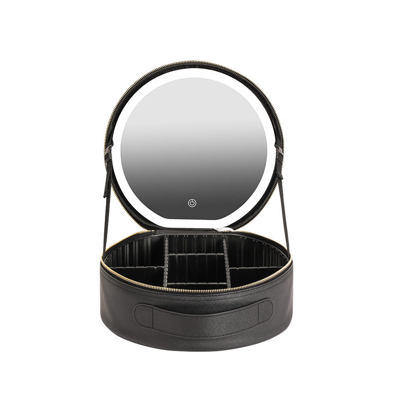 Round Smart LED Makeup Bag With Mirror Lights Women Beauty Bag Large Capacity PU Leather Travel Organizers Cosmetic Case - MANDOTOS