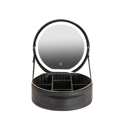 Round Smart LED Makeup Bag With Mirror Lights Women Beauty Bag Large Capacity PU Leather Travel Organizers Cosmetic Case - MANDOTOS