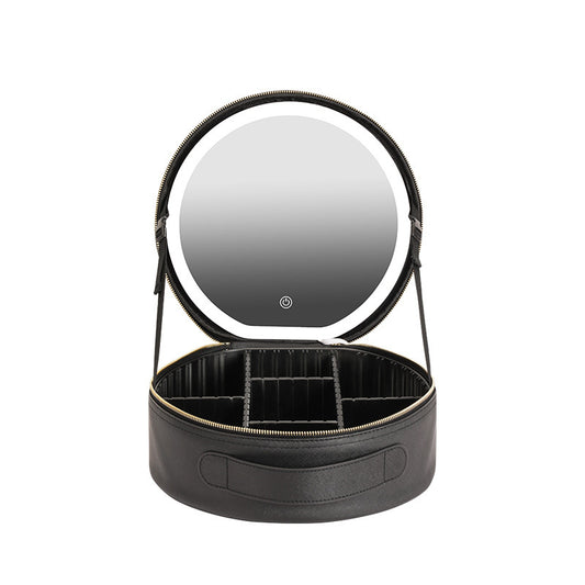 Round Smart LED Makeup Bag With Mirror Lights Women Beauty Bag Large Capacity PU Leather Travel Organizers Cosmetic Case - MANDOTOS