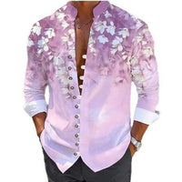 Mens Fashion 3D Printed Shirt Top by Ancient Energy, purple pink floral tie-dye, long-sleeve with button front