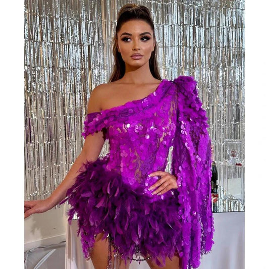 Purple Sequined Feather Skirt One-shoulder Sleeve Short Dress Luxury Party Stage Performance Dress MANDOTOS