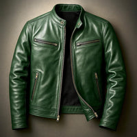 Mens green PU leather motorcycle jacket with stand-up collar by Ancient Energy, front zipper and zip pockets.