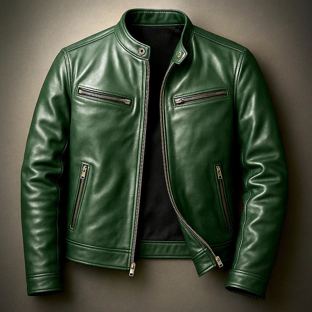 Mens green PU leather motorcycle jacket with stand-up collar by Ancient Energy, front zipper and zip pockets.
