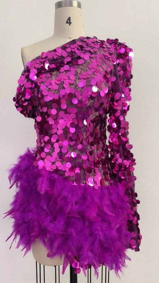 Purple Sequined Feather Skirt One-shoulder Sleeve Short Dress Luxury Party Stage Performance Dress MANDOTOS