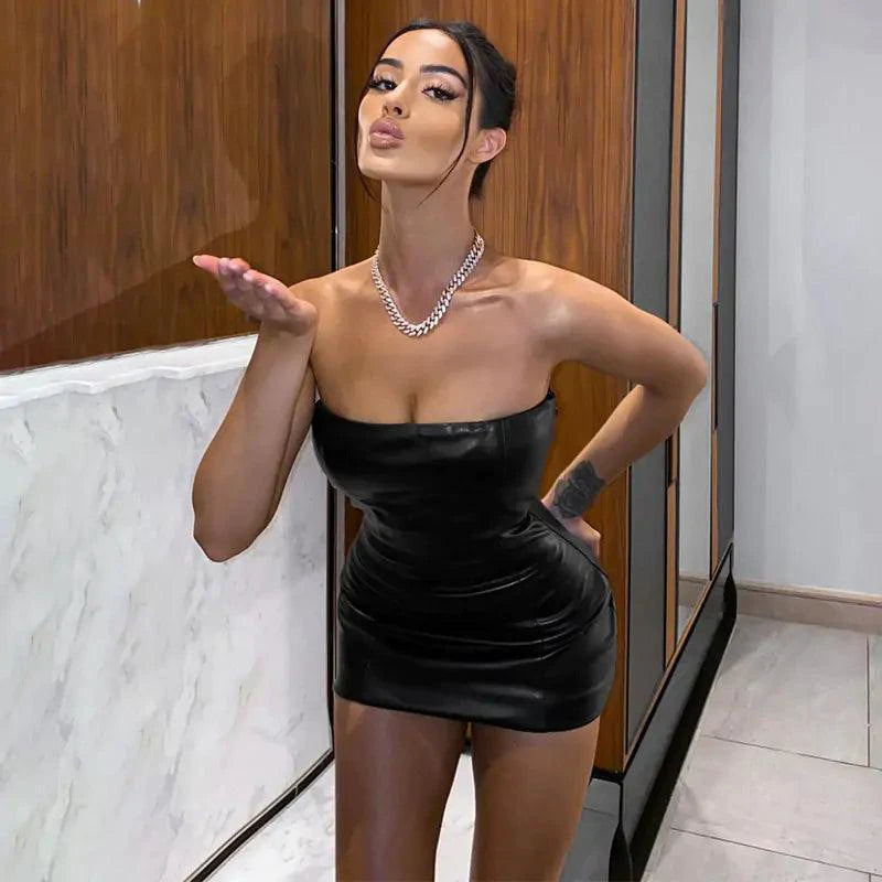 Mandotos Black Leather Look Strapless Mini Dress For Elegant Evening Wear And Night Out - MANDOTOS