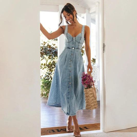 CitySleek Denim Midi Dress - MANDOTOS
