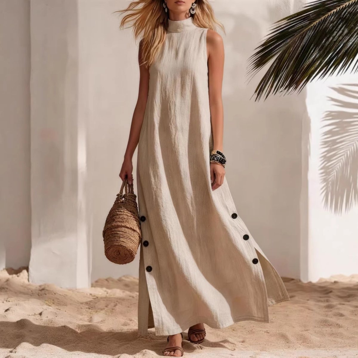 Cotton Linen Sleeveless Midi Dress – Side Slits & Loose Fit - MANDOTOS INTERNATIONALDresses
