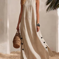 Cotton Linen Sleeveless Midi Dress – Side Slits & Loose Fit - MANDOTOS INTERNATIONALDresses