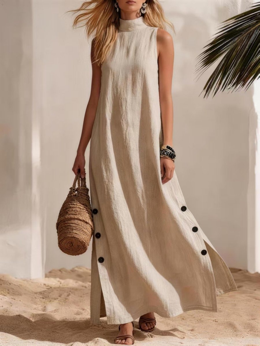 Cotton Linen Sleeveless Midi Dress – Side Slits & Loose Fit - MANDOTOS INTERNATIONALDresses
