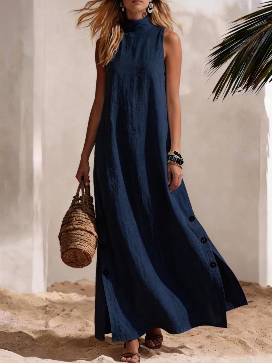 Cotton Linen Sleeveless Midi Dress – Side Slits & Loose Fit - MANDOTOS INTERNATIONALDresses