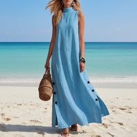Cotton Linen Sleeveless Midi Dress – Side Slits & Loose Fit - MANDOTOS INTERNATIONALDresses