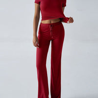 Crew Neck Short Sleeve Top & Full-Length Pants Set – Solid Color, 10 Colors - MANDOTOS INTERNATIONALTwo-Piece Set
