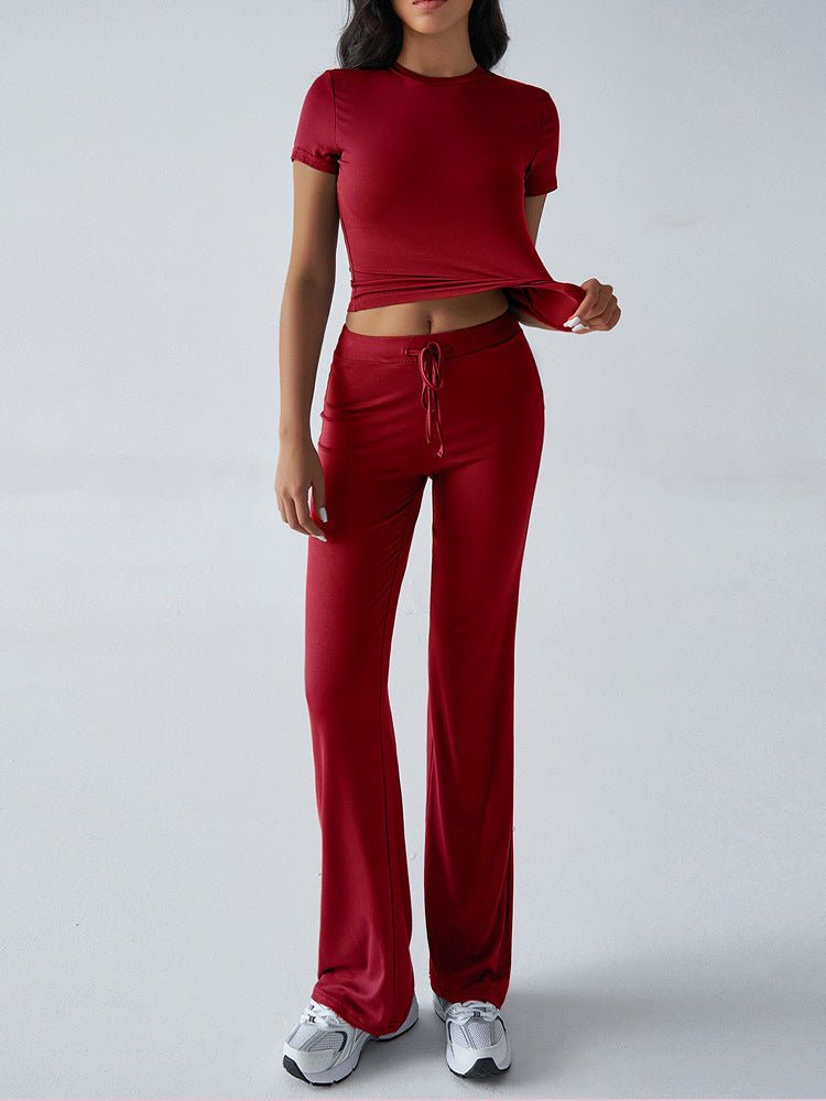 Crew Neck Short Sleeve Top & Full-Length Pants Set – Solid Color, 10 Colors - MANDOTOS INTERNATIONALTwo-Piece Set