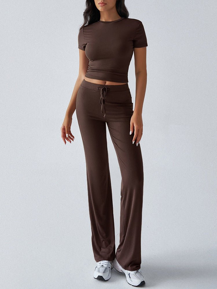 Crew Neck Short Sleeve Top & Full-Length Pants Set – Solid Color, 10 Colors - MANDOTOS INTERNATIONALTwo-Piece Set