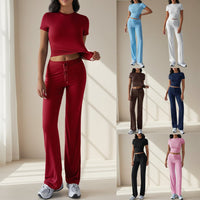 Crew Neck Short Sleeve Top & Full-Length Pants Set – Solid Color, 10 Colors - MANDOTOS INTERNATIONALTwo-Piece Set