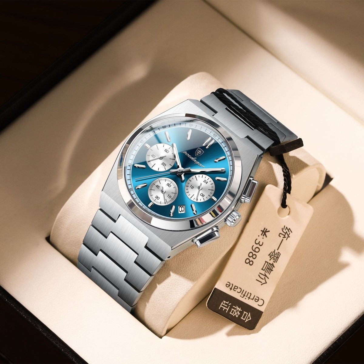 Men's watch Ancient Energy stainless steel waterproof luminous ultrathin with blue dial and chronograph subdials