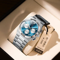 Mens Waterproof Multifunctional Luminous Ultra-thin Watch with blue dial and stainless steel band by Ancient Energy.